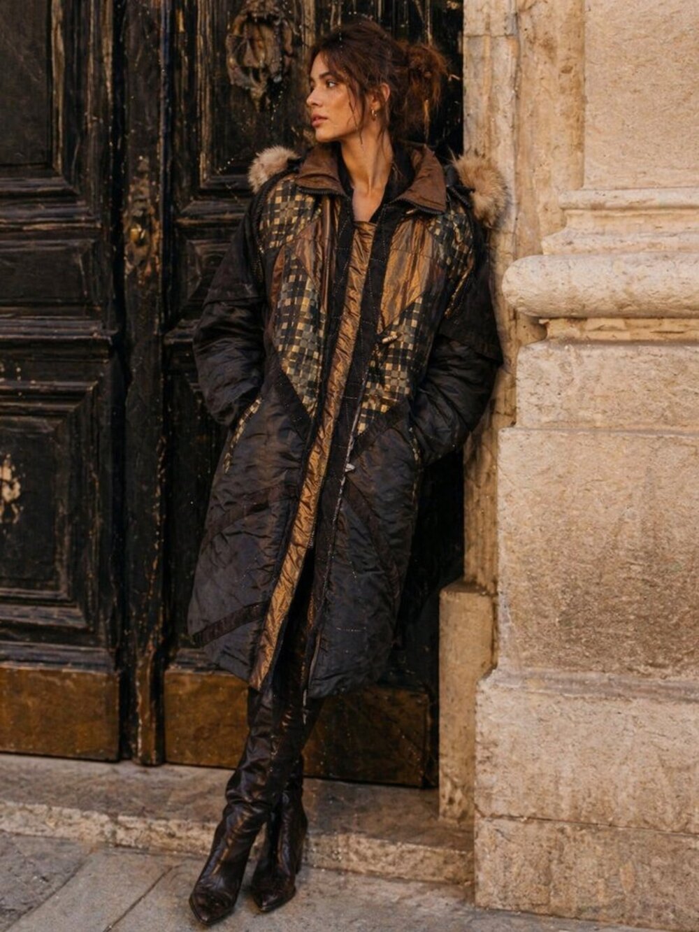 Vintage 1980s Braetan Patchwork Winter Coat with Faux Fur Hood – Size S